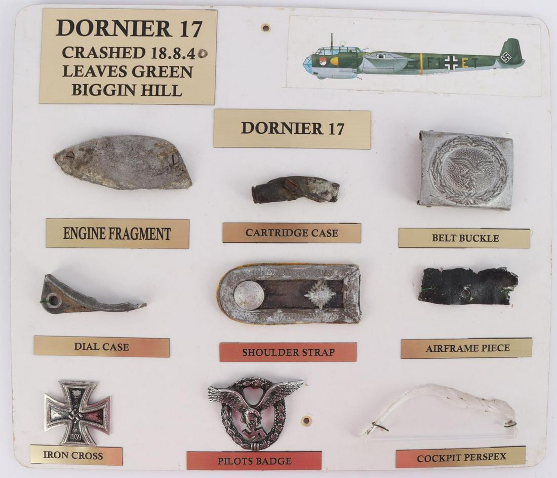 WWII GERMAN DORNIER 17 CRASH RELICS PILOT BADGE: With complete hand written provenance, crashed August 18, 1940, Leaves Green Biggin Hill England, after bombing, Birmingham on return to France, pilots survived although badly injured, grouping includ