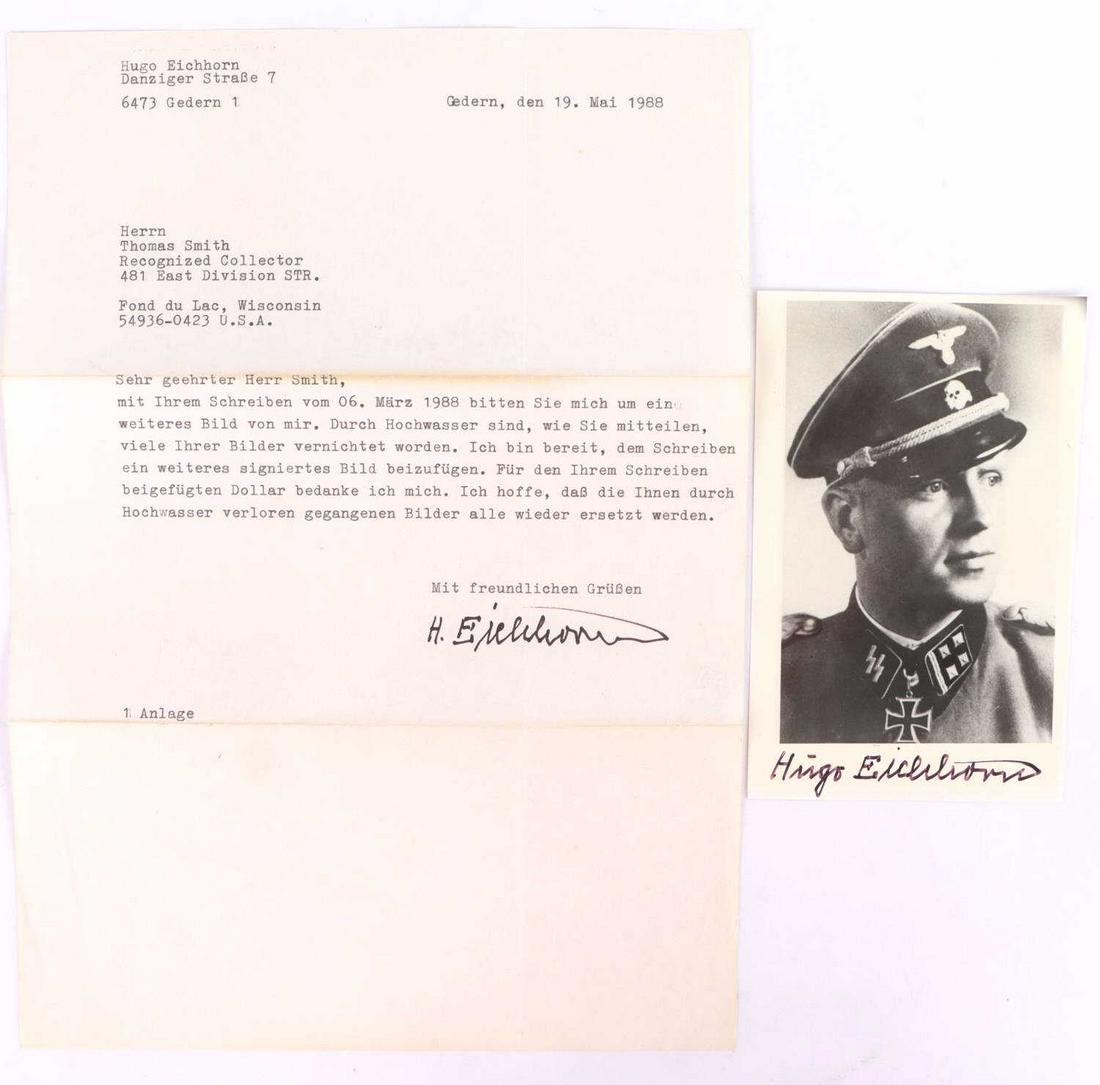 WWII SS OFFICER EICHHORN SIGNED LETTER & PHOTO: Letter from SS Obersturmbahnfuhrer Hugo Eichhorn dated "19. Mai 1988." In the letter, Eichhorn writes to a collector in Wisconsin, U.S.A. and agrees to send him another picture of himself, implying th