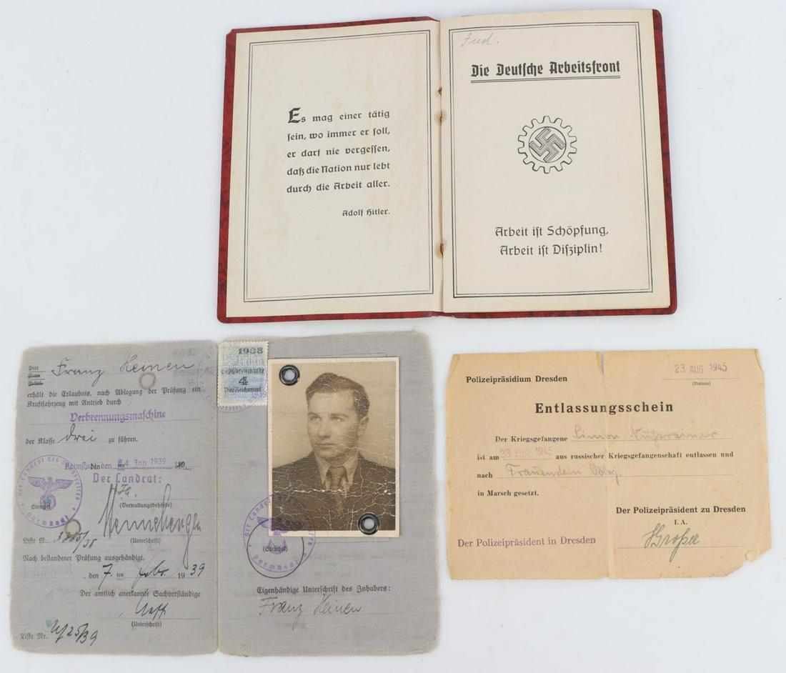 WWII GERMAN REICH ARBEITSBUCH & REISE-PASS LOT: Includes Arbeitsbuch for a Franz Heinen which shows his work from 1937 to 1939 Also included is Franz's Deutsche Arbeitsbuch and a pre-1933 Reise-Pass for a woman whose name is not completely legible.
