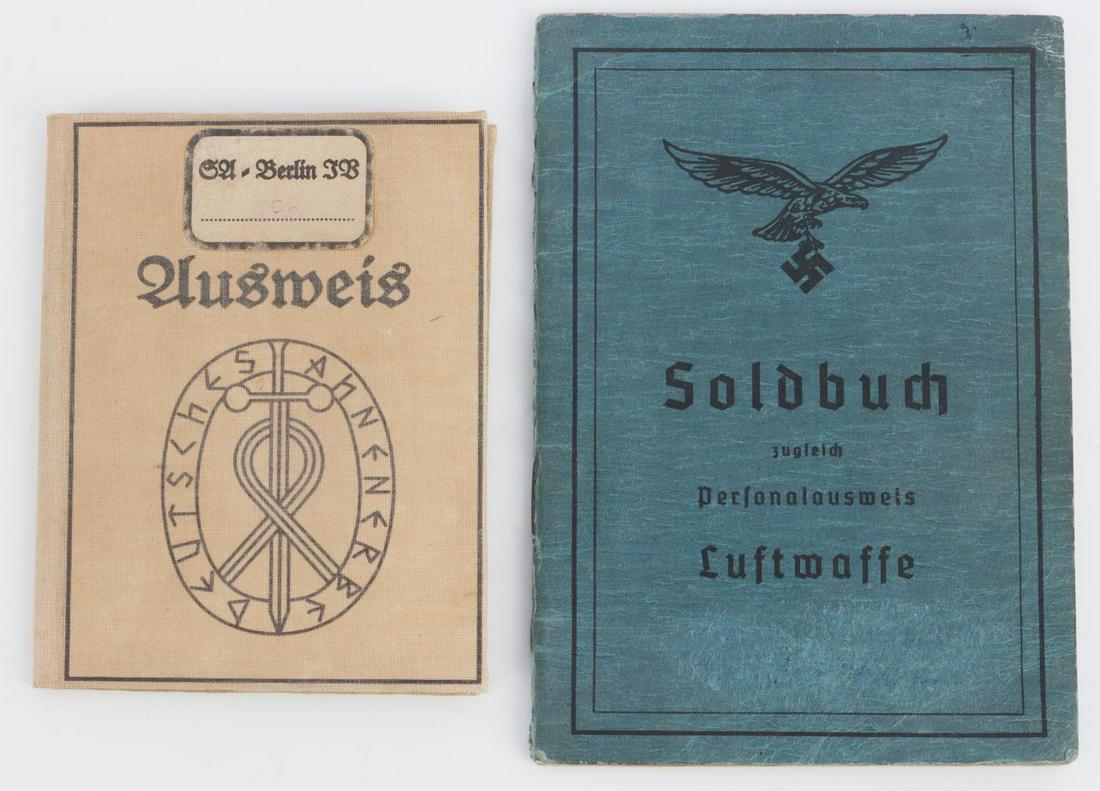 WWII GERMAN LUFTWAFFE SOLDBUCH & SA AUSWEIS: WWII German Luftwaffe soldbuch and SA ausweis. Luftwaffe soldbuch named to O.Sturmmann Rudolf Dittmer. Dittmer was born in Regensburg on May 1, 1922. Booklet dated March 21, 1944. Very good condition.