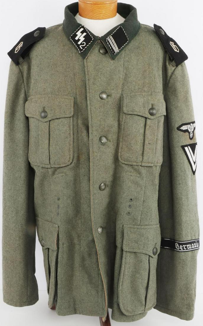 WWII GERMAN THIRD REICH WAFFEN SS UNIFORM: Tunic features SS collar tabs, shoulder boards, sleeve patches, cuff title, and pebbled buttons. Extra large size. Reenactor piece.