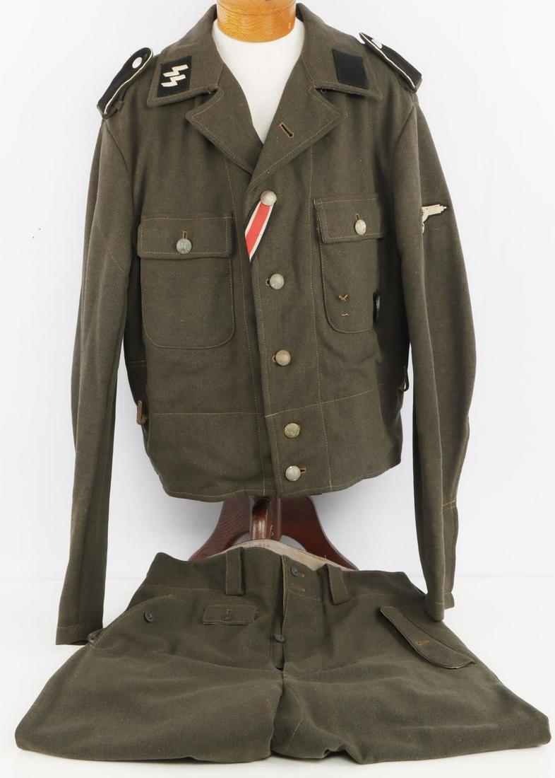 WWII GERMAN REICH SS TUNIC & TROUSERS NAMED: Tunic in good condition, no mothing present, does not fluoresce. All buttons present with markings on reverse. Collar tabs and shoulder straps present. Combat wound badge marked "6" on reverse. Trouse