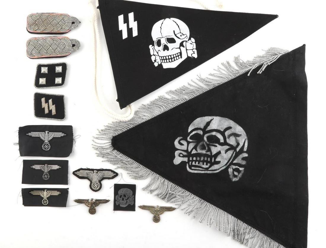 WWII GERMAN SS PENNANT EAGLE PANZER STRAP LOT: The larger SS frilled pennant does not fluoresce but balance of cloth items do fluoresce, most could be cleaning fluid or glue residue. Unauthenticated, sold as is.