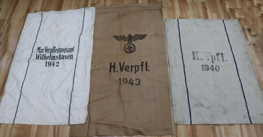 3 WWII GERMAN THIRD REICH BREAD RATION BAG: In very good original condition. The largest seems unissued and the light colored bags have seen use. They measure 47x29, 37x26, & 28x44 inches.