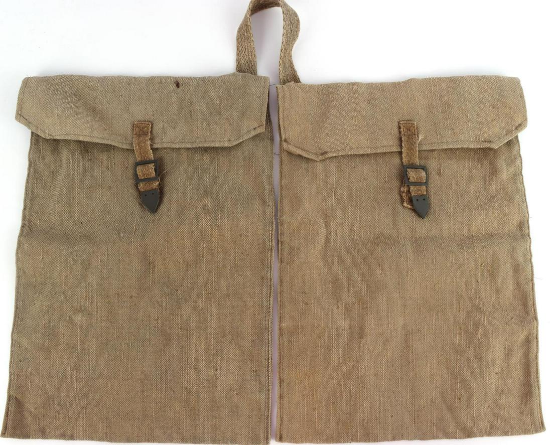 WWII GERMAN WAFFEN SS GRENADE POUCHES: WWII German Waffen-SS grenade pouches with shoulder strap. Beige colored with same colored strap. Stamped 1940 to the back of each pouch. Overall very good condition. Pouches are 15 X 11 inches.