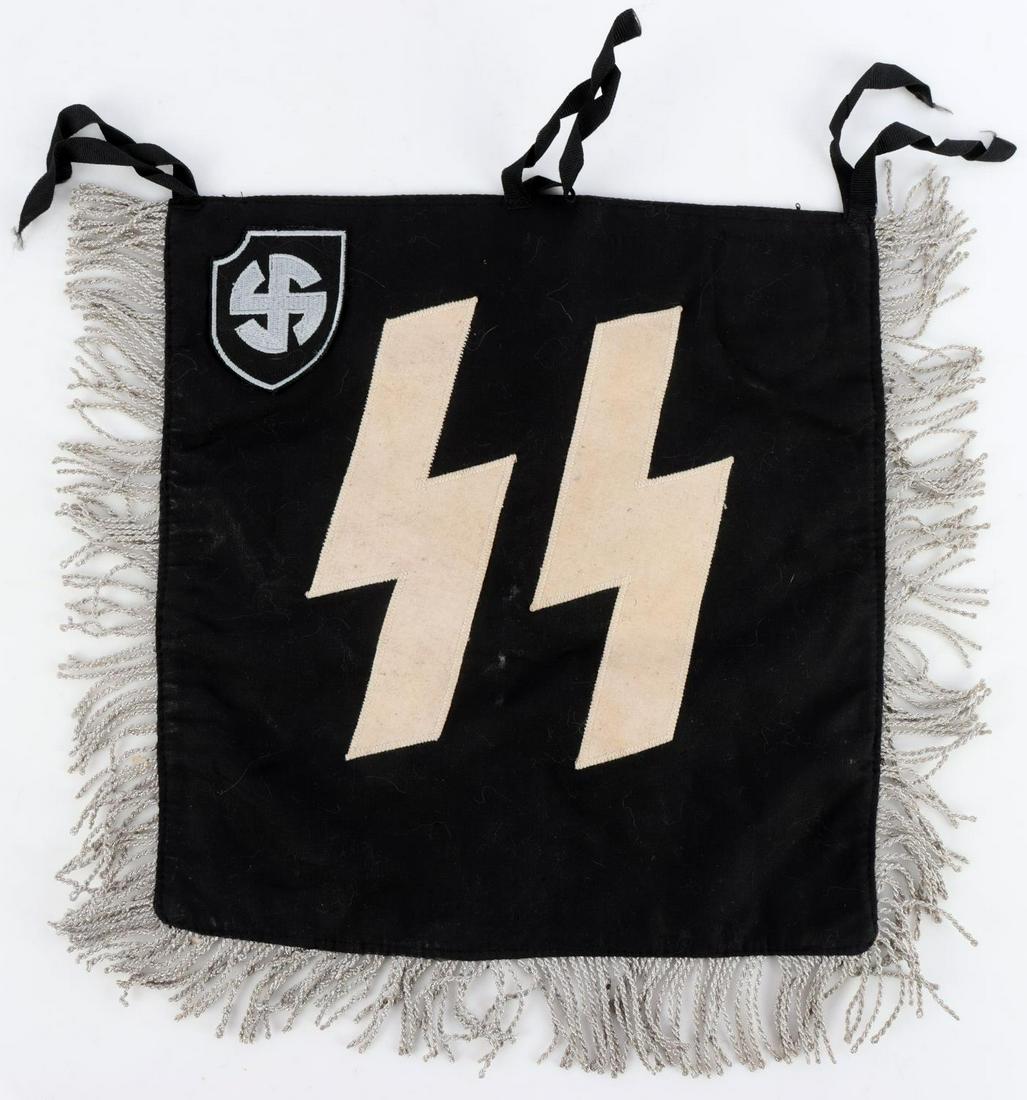 WWII GERMAN THIRD REICH SS FRINGED BANNER: Neither bullion fringe or banner fluoresces. Double stitch high quality. Age indeterminate but believed to be post war, sold as is. Measures 11x11 inches excluding fringe.