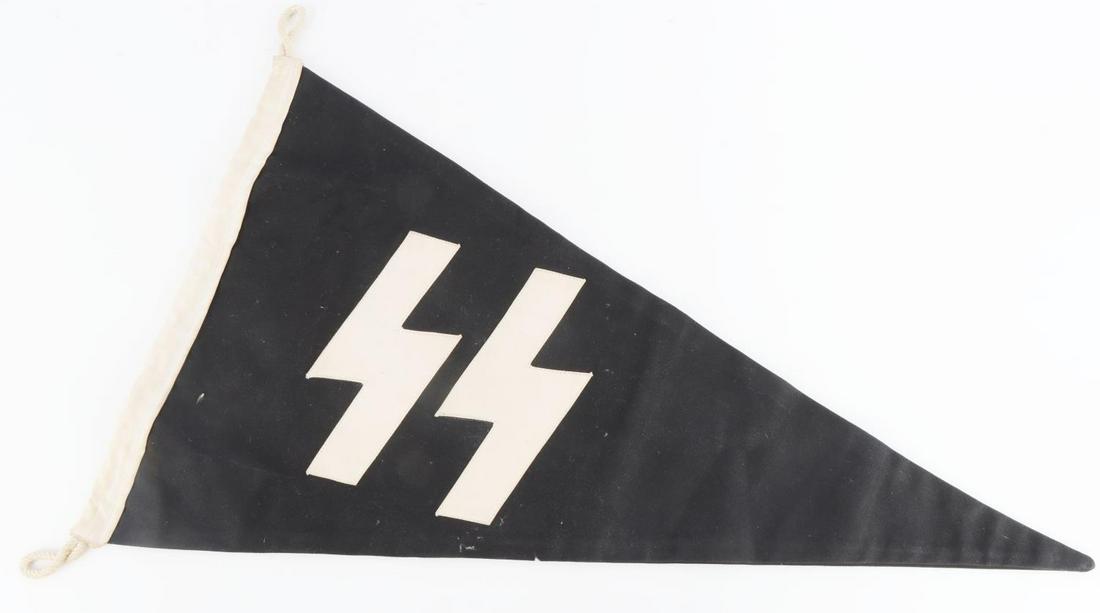 WWII GERMAN THIRD REICH WAFFEN SS PENNANT: WWII German Waffen-SS double-sided pennant. Black flag features SS runes to both sides. The thread to the hoist fluoresces due to a possible repair. Overall very good condition. This lot has a reserve