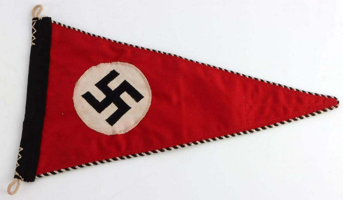WWII GERMAN THIRD REICHS EARLY SS PENNANT FLAG: Early flag with alternating white and black striped piping. Multipiece construction. Measures 12 3/4 X 7 1/8 inches. Very good condition. This lot has a reserve.