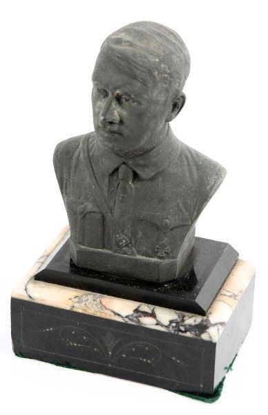 ADOLF HITLER BRONZE BUST ON MARBLE: WWII German bronze bust of Adolf Hitler, reputedly taken from a school in Germany, but no documentation. Stands about 7 inches tall, on top of 2 3/4 inch marble base, totaling 9 3/4 inches in height.
