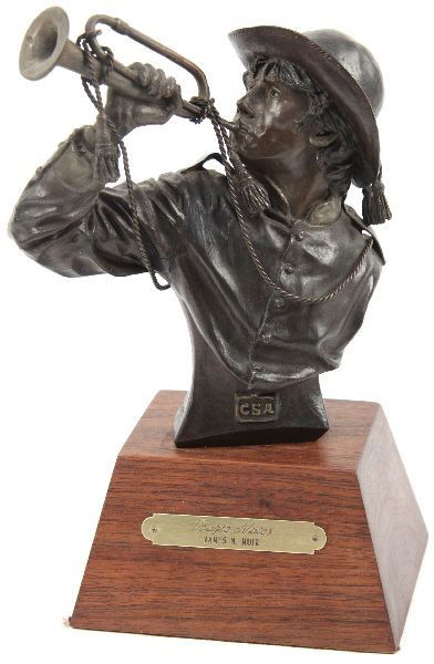 JAMES N MUIR BUGLE NOTES BRONZE STATUE: Bugle Notes James N. Muir bronze statue mounted on wood base. Numbered 9/30 and signed on the back James Nathan Muir. Height from base measures 10 inches tall. Weight is 6.5 lbs.