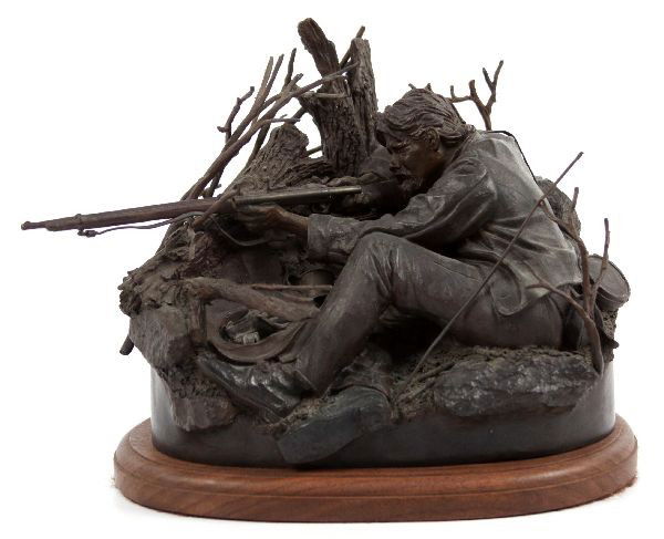 JAMES MUIR BRONZE CSA WHITWORTH SHARPSHOOTER: James N Muir bronze confederate Whitworth Sharpshooter sculpture. Numbered 9/30 and signed James Nathan Muir. Height measures 8 inches. Weight is 16 lbs.