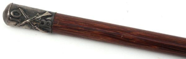 SPANISH AMERICAN WAR WALKING STICK 10TH BATT P.I.: Hand crafted presentation walking stick trench art top reading "John N. Duft to Jas Coyle Zamboanga Mindanao P.I. 10th B." Crossed infantry rifles, may be placed on newer wood, minus ferrule and measu