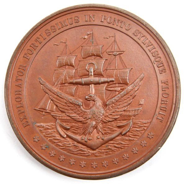 MEDAL LT VICTOR BLUE CUBA 1898 WOMEN OF S.C. USN: Bronze 58mm personal medal presented to Lt. Victor Blue by the women of South Carolina for distinguished service and courage in the Santiago de Cuba Campaign of 1898, U.S. Navy seal obverse and South 