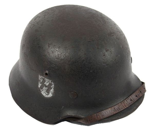 WWII GERMAN SS DOUBLE DECAL M40 HELMET WITH LINER: WWII German M-40 double decal SS helmet, complete with leather liner. Marked "4673" on inside back of helmet shell, and "ET64" on inside left. Reinforced aluminum liner band is manufacturer stamped an