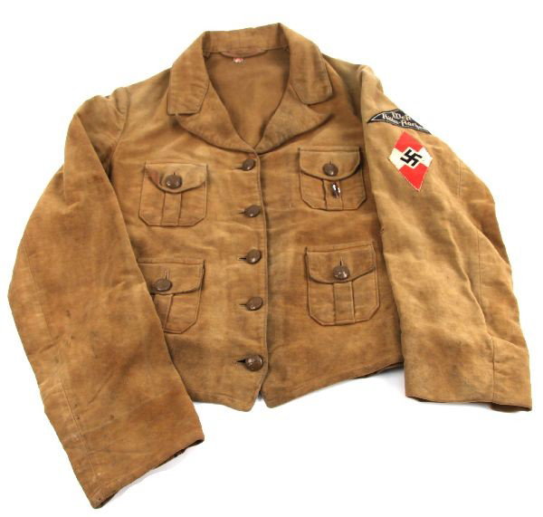 WWII GERMAN HITLER YOUTH JUGEND BROWN SHIRT: Very small Hitler Jugend brown shirt with two patches and pin at pocket. Some soiling and some minor tears.