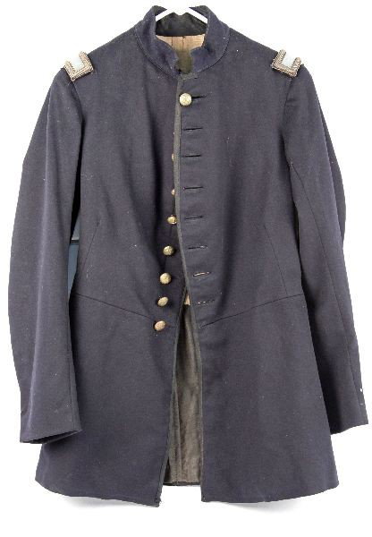 CIVIL WAR INFANTRY OFFICERS SINGLE LINE FROCK COAT: Civil War officers single line button frock coat tunic, 2nd LT. shoulder straps and big I infantry buttons, the lining is stenciled G3 43 indicating most likely New York 43rd Infantry, in addition a p