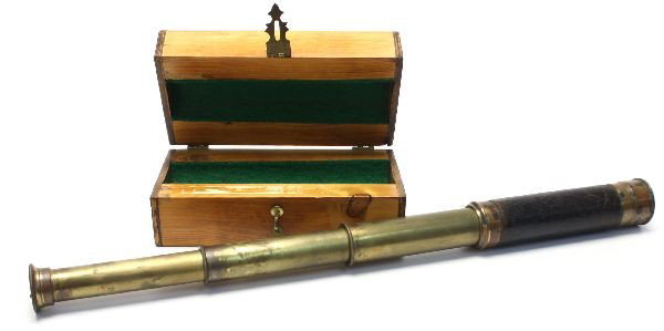 CIVIL WAR CONFEDERATE MARKED BRASS TELESCOPE: A collapsible brass spotting telescope, with leather wrap. Brass cap is engraved "13th VA", and an "A" inside flaming bomb (artillery?). All appears correct on telescope, which retains clear lenses an