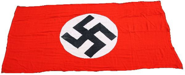 LARGE GERMAN WWII THIRD REICH PARTY FLAG: Large German WWII Third Reich party flag, complete with grommets. Flag measures 69.5 by 33 inches. Some discoloration and small holes, overall in very good condition.