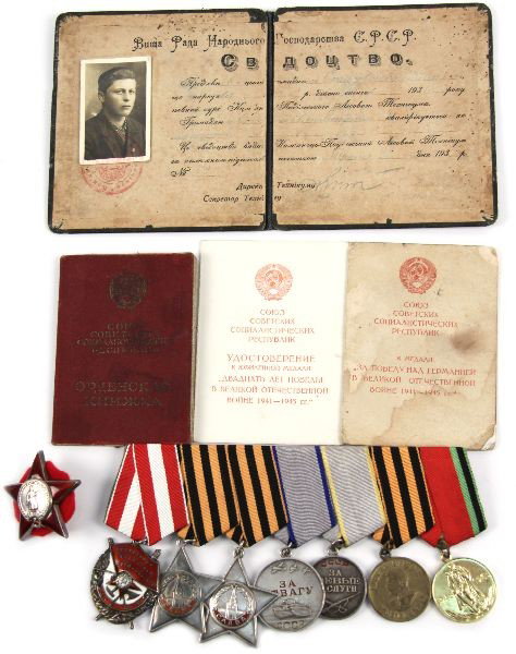 WWII NAMED SOVIET RUSSIAN MEDALS AND ID CARD: Collection of WWII era Soviet Russian metals and ID book. Medals include Medal for Victory over Germany Var 2, one Document for Partisan Medal 2nd class awarded in 1946, Medal for 20th Anniversary of 