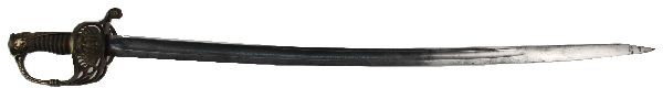 19TH CENTURY US OFFICERS SWORD: Mid to late US officers sword. 32 inch blade, decoratively etched with floral scroll and patriotic motif. Ornate brass scabbard with wire wrapped shagreen grip. Soft grey patina on blade, hilt and gri