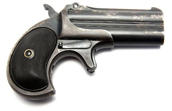 LATE 19TH CENTURY REMINGTON .41 DOUBLE DERRINGER: Remington Double Derringer .41 caliber, with 3 inch barrels. Serial number L96196. Bores are free of pitting, with clear rifling. Marked on top "REMINGTON ARMS--UMC CO. ILION, N.Y." Retains about 60% 