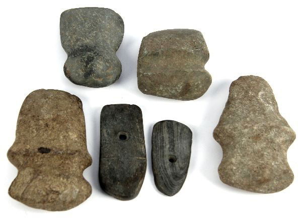 GORGET & GROOVED AXE LOT 6 FROM LURAY VIRGINIA: Six piece lot with an old file card identifying the axes as coming from Page County VA, and Luray in 1930. Constructed out of granite or green stone. Lot consists of four axe blades from 5.5 inches do