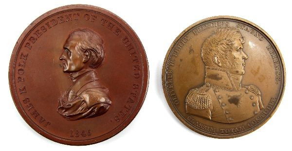 PERRY LAKE ERIE & JAMES POLK BRONZE PEACE MEDALS: Pair of early American medals to include 1845 78.5 millimeters James Polk Indian Peace medal. First medal is a mint state example. The second medal is a Oliver Perry 1814 Battle of Lake Erie Commemora