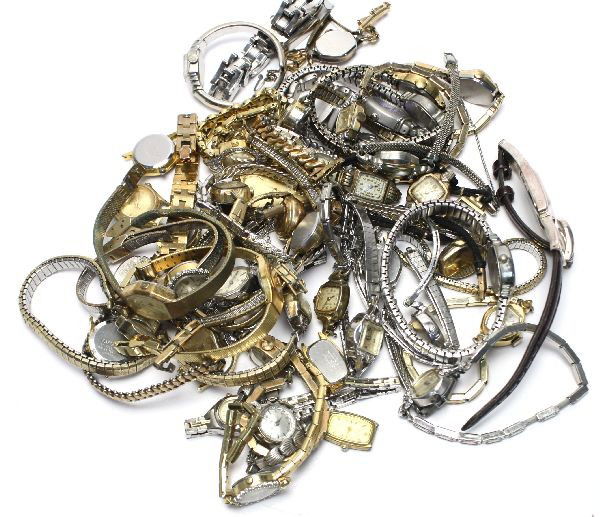 LARGE LOT OF 51 WRIST WATCHES & WATCH ACCESSORIES: Large lot of 51 wrist watches and watch accessories including Timex, Benrus, Bulova, Dumont, Monarch, and much more. Vintage pieces, rolled gold plate, ladies, and men. Condition: Very good to poor, w