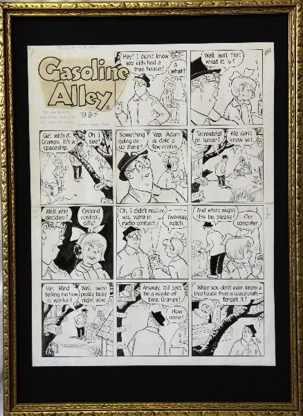 GASOLINE ALLEY COMIC STRIP PEN ART BY BILL PERRY: Original story board art with edit and approval marks. Drawn by Bill Perry, signed and noted as a gift to Eda Murphy and re-initialed in upper left. Dated March 23, 1969. Black ink work with blue edit