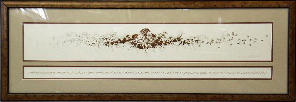 FRAMED BEV DOOLITTLE PRINT SIGNED AND NUMBERED: Framed Bev Doolittle print signed and numbered. Entitled "When the Wind had Wings." Print dedication reads, "A broken song beneath the snow, the echo of soaring joy, a shape in the mist, a touch in th