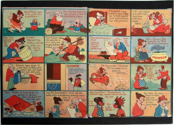 2 UNCUT COMIC GUM BALL SHEETS FRITZ SCHMITZ SAMBO: Two uncut sheets of comic gum ball trading cards. Including such characters as Fritz, Schmitz, Sambo and Cohen. Measures 9 by 13 inches. Slight discoloration to paper, and rip along bottom left card o