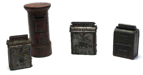 FOUR ANTIQUE CAST IRON MAIL BANKS: Four antique cast iron mail banks. Three US mail box banks and one British letter box bank (Queen Elizabeth II). The tallest measures 6.25 inches. All complete, small American mail box has some chips 