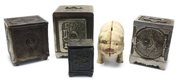 THREE CAST IRON SAFES AND ONE PIGGY BANK: Three cast iron safes and one piggy bank. Features one Burglar Proof House Safe by J & E Stevens (6 by 5 by 4 inches, Nickel Plated, key combination safe number 40), one Coin Deposit Bank (7 by 5.5 by