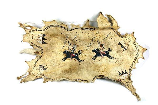 TRADITIONAL NATIVE AMERICAN PAINTING ON DEER HIDE