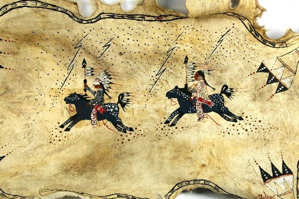 TRADITIONAL NATIVE AMERICAN PAINTING ON DEER HIDE - 2