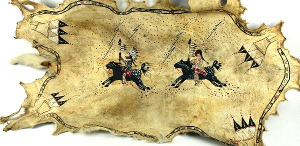 TRADITIONAL NATIVE AMERICAN PAINTING ON DEER HIDE - 3