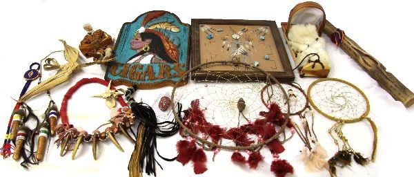 MIXED LOT OF MISCELLANEOUS NATIVE AMERICAN ITEMS: Miscellaneous lot of Native American items. Including three Dream Catchers, Navajo sand painting clock with turquoise, Crow wooden finger trophy, Pawnee grizzly bear claw and human finger (faux) troph