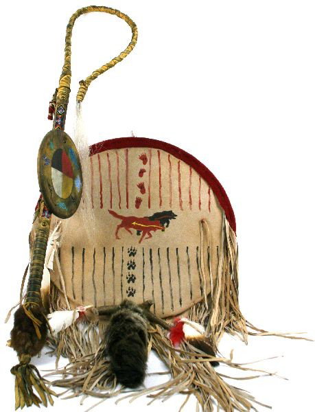 LARGE MEDICINE SHIELD BEADED COUP STAFF WITH SHIED: Large Native American medicine shield, hand painted with feathers and fox tail. Also a Native American beaded coup staff with shield with beaded design running along its length. Full coup staff measur
