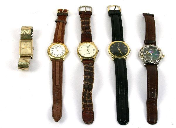 DEALERS LOT OF FIVE MENS WRIST WATCHES: Lot of men's watches including vintage Seiko, Polo, Tommy Hilfiger, Pulsar, and Bulova (10K rolled gold plate) wrist watches. Tommy Hilfiger is missing clasp. Condition: Overall in very good condition