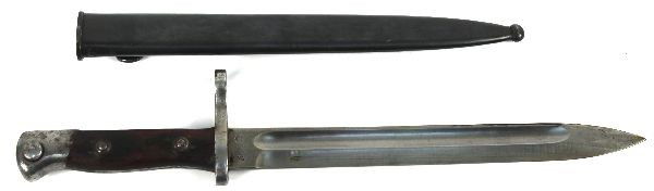 CHILEAN M 1895 MAUSER BAYONET WKC: Chilean M 1895 Mauser bayonet, manufactured by Weyersburg, Kirschbaum, and Co, Solingen. For use with Model 1895 Chilean 7mm Mauser. Chilean crest, as well as a symbol of three intertwining circles ma