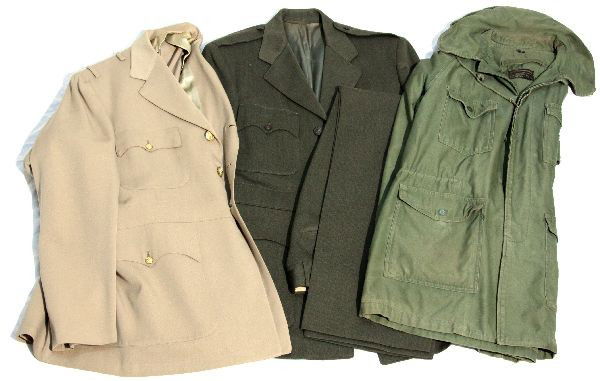 NAVY CAPTAIN TO ENLISTED UNIFORM LOT: Four piece grouping of uniforms consisting of a Naval Captain additional tunic without shoulder boards, enlisted man's cracker jack uniform, and a post-war deck jacket. Overall all in very good condit