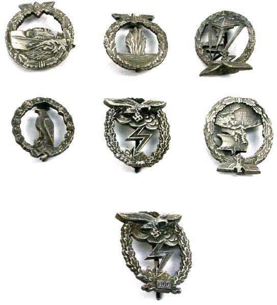 7 SPURIOUS WWII GERMAN COMBAT BADGES: Seven spurious German WWII combat badges to include Luftwaffe, Naval, E-Boat assault, Mind sweeper, and more.