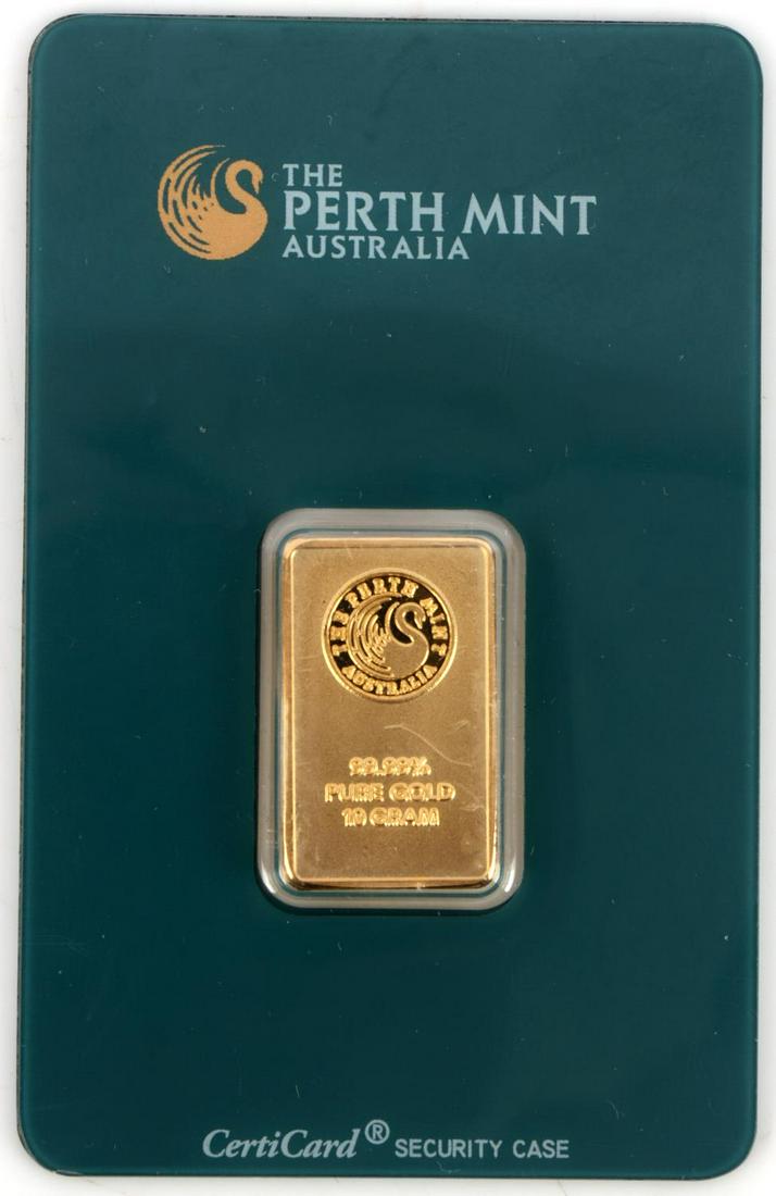 PERTH MINT AUSTRALIA 10 GRAM GOLD BAR INGOT .999: In a certificate card security case, electronically tested. This lot has a reserve.