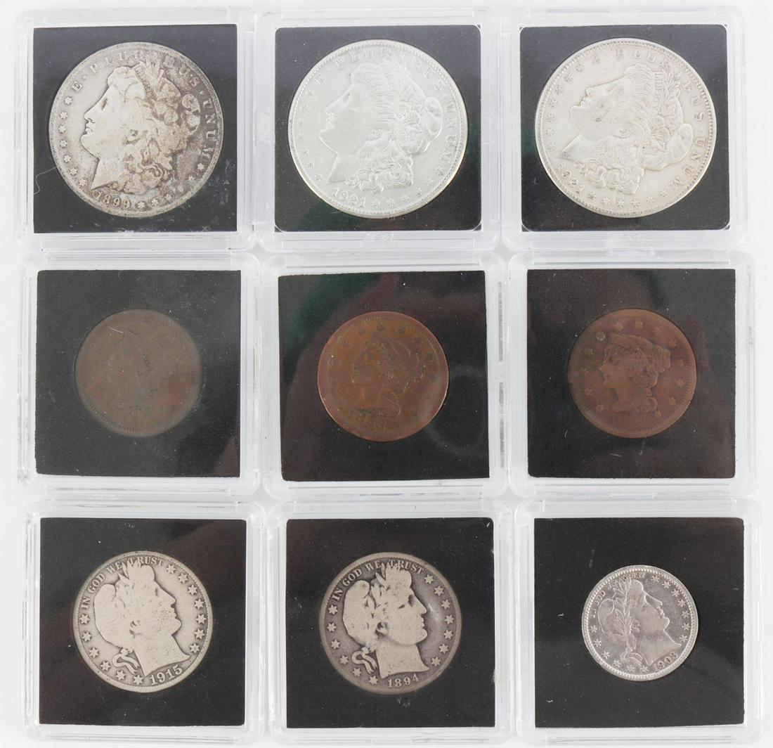 US COIN & SILVER COIN LOT MORGAN BARBER LARGE CENT: Nine U.S. minted coins include: (2) 1921 S Morgan silver dollars VF-EF, 1899-S Morgan F, 1894 -S Barber half dollar G, 1915 -D Barber half dollar AG, 1903 Barber quarter VG, 1853 Large cent VF, 1854 L