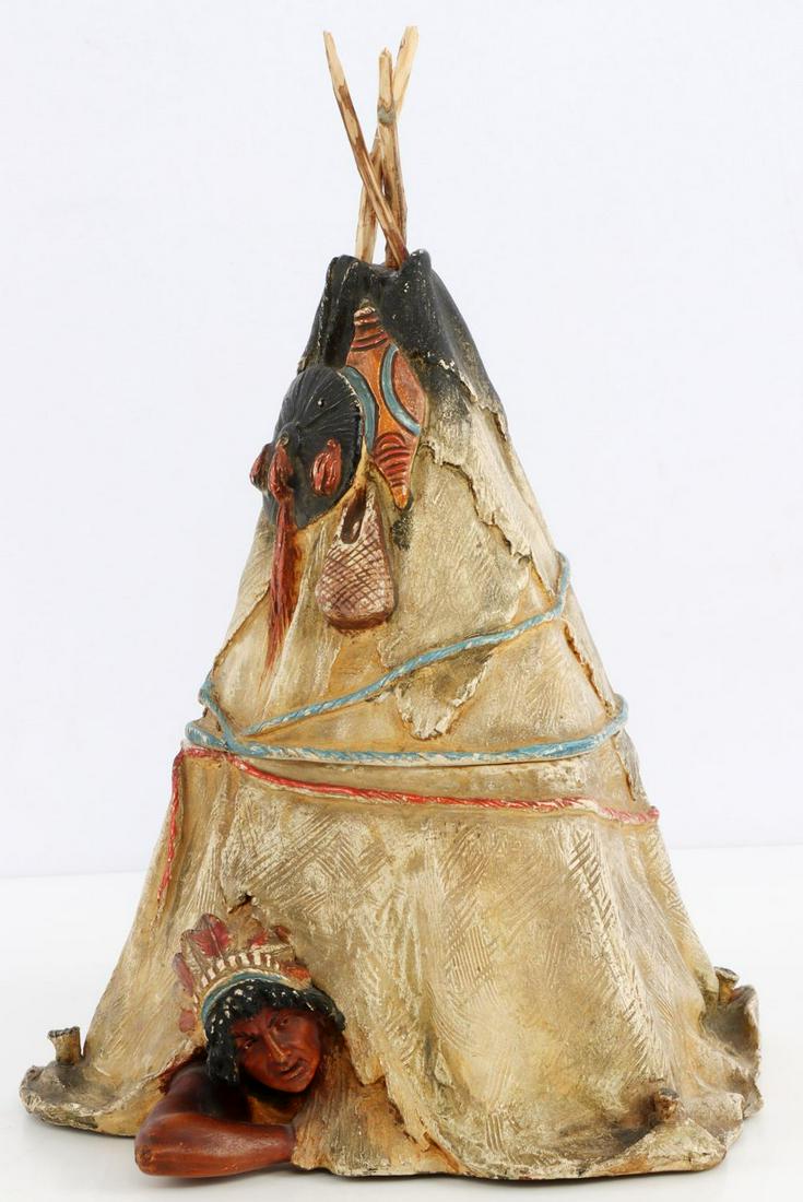 ANTIQUE MAJOLICA INDIAN CIGAR STORE HUMIDOR: Circa late 19th to early 20th century Majolica cigar store style tobacco jar humidor. Purchased in France by collector. Rare piece for a collection. In very good condition with no noted cracks chips o