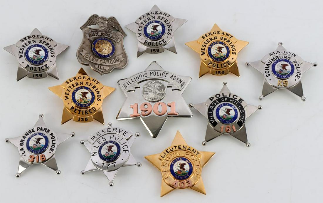 11 OBSOLETE LAW ENFORCEMENT POLICE BADGES ILLINOIS: Eleven obsolete various Law Enforcement badges for the state of Illinois including a Major K9 badge for Schaumburg, IL, a Village of Hillside Police badge #161, a Lieutenant badge #403 for Berwyn, IL,
