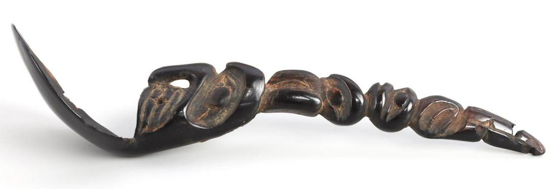 19TH CENTURY PACIFIC NORTHWEST TOTEM CARVED SPOON: Very rare. Haida or Tlingit polished horn. 5 figure Totem, measures 5 3/4 inches. Some nicks to bowl, but otherwise in very good original condition.