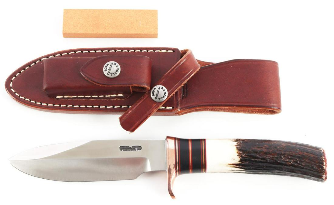 RANDALL MADE COPPER COMPANION STAG HUNTING KNIFE: There is a six year waiting list for these American made high quality knives by Randall Made. 5 inch blade of 3/16 inch stainless steel stock. The top cutting edge is sharpened 1 inch. Thumb notches a