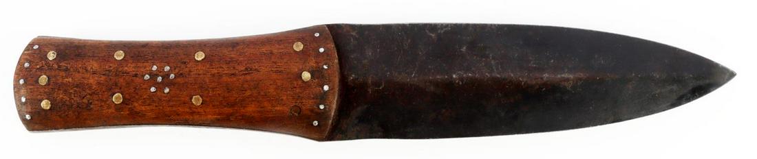 EARLY HUDSON BAY FUR TRADE STAG KNIFE: Wrought steel blade with wood grip and HB marked. Measures 12 3/8 inches. Very good condition. This lot has a reserve.