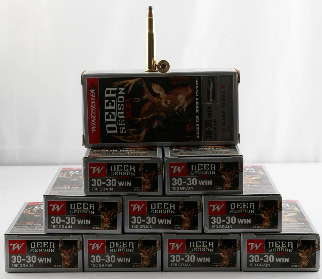 200 ROUNDS WINCHESTER 30-30 CENTERFIRE CARTRIDGES: Comes in 10 boxes with 20 rounds each. New in box. This lot has a reserve.